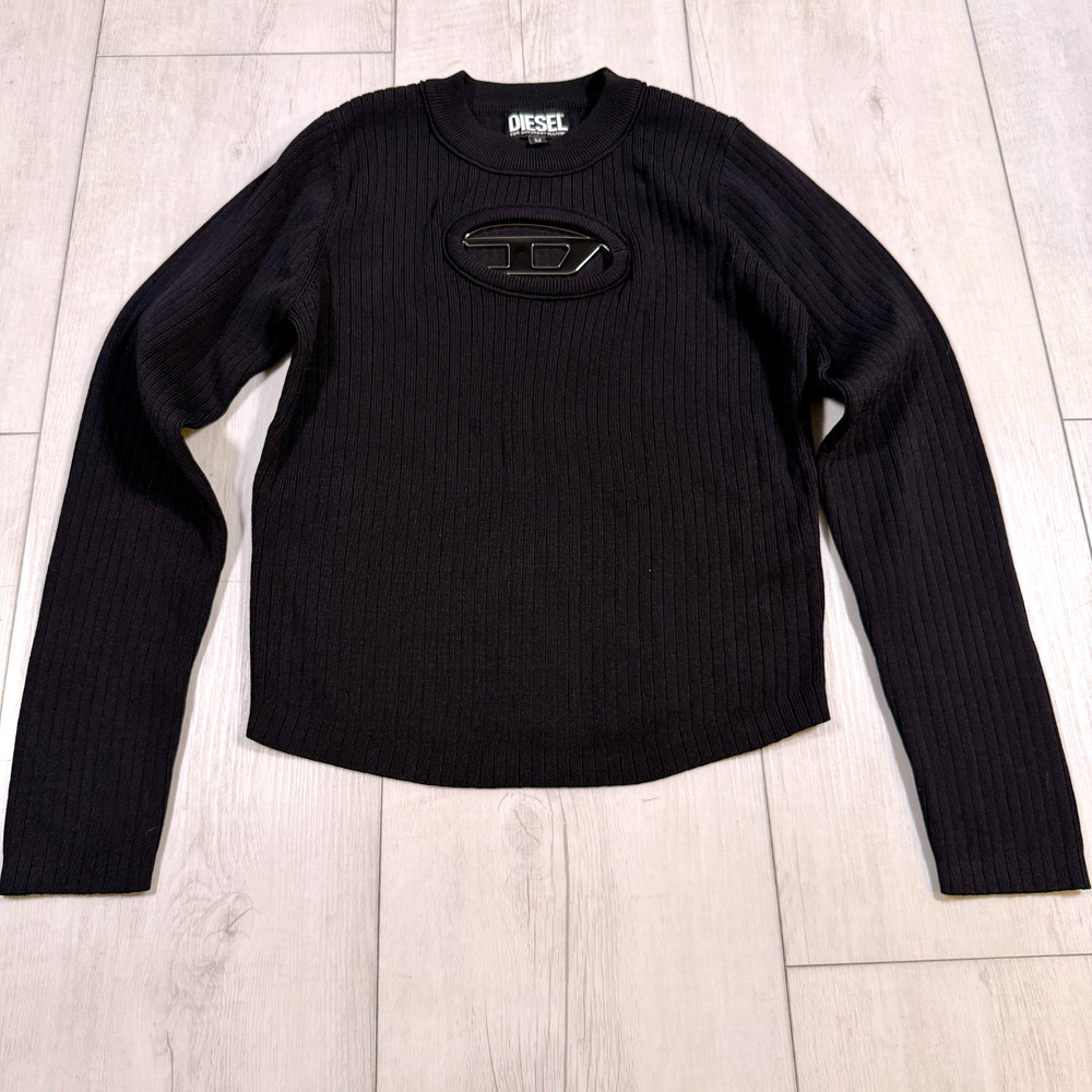 Diesel Ribbed Long Sleeve Sweater Women's Medium Metal Logo Black